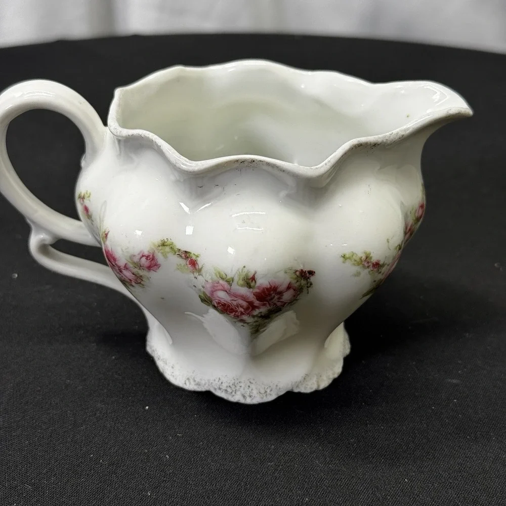 Antique Porcelain Creamer Pitcher Painted Pink Rose Design Decorative Handle‎